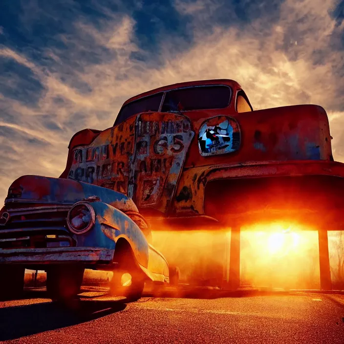 Image similar to a sunset light landscape with historical route 6 6, lots of sparkling details and sun ray ’ s, blinding backlight, smoke, volumetric lighting, colorful, octane, 3 5 mm, abandoned gas station, old rusty pickup - truck, beautiful epic colored reflections, very colorful heavenly, softlight