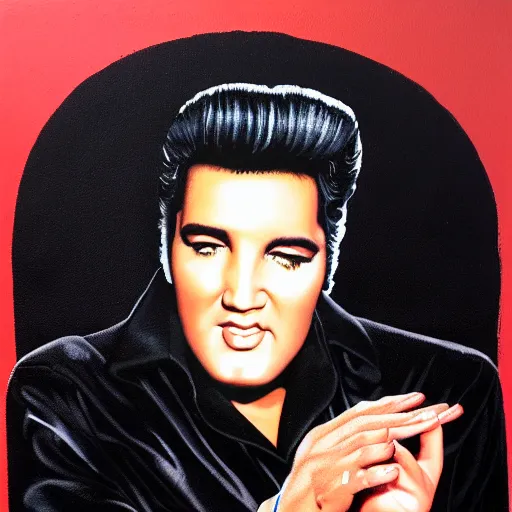 Prompt: black velvet painting of Elvis Presley in a jumpsuit