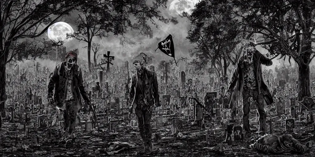 Prompt: dead anarchist walking through a cemetery, middle finger, pirate flag in his arms, evil dead face, leather coat, dark night, full moon, crowd of zombies and walking deads around, crows on the oak tree, highly detailed digital art, photorealistic