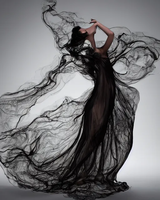 Image similar to mid shot render of an ethereal ghostlike figure fluid simulation in houdini dancing in dark smoke robes and silk veils by ilm, paolo roversi, nick knight, gill elvgren, beautiful futuristic simplified form distorted by turbulent movement, dark studio background, deep color, trending on artstation, hyperrealism, matte painting, dutch golden age, fine detail, cgsociety