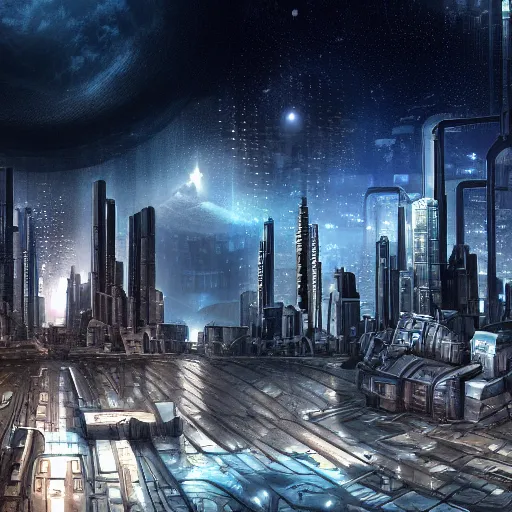 Image similar to sci - fi city with one large watchtower in the center shining a searchlight, dystopian, wide shot, digital art, detailed