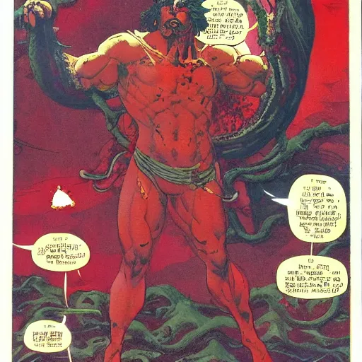 Image similar to eclectic, romantic by dave gibbons, by masaaki sasamoto. a art installation of hercules after he has completed one of his twelve labors, the killing of the hydra. he is standing over the dead hydra, covered in blood clutching a sword that slew the beast. his face is expressionless.