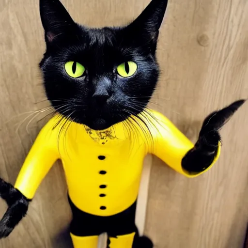 Image similar to a black cat with yellow eyes wearing a suit of armor