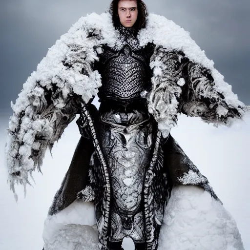 Prompt: a portrait of a beautiful young male wearing an alexander mcqueen armor made of snow , photographed by andrew thomas huang, artistic