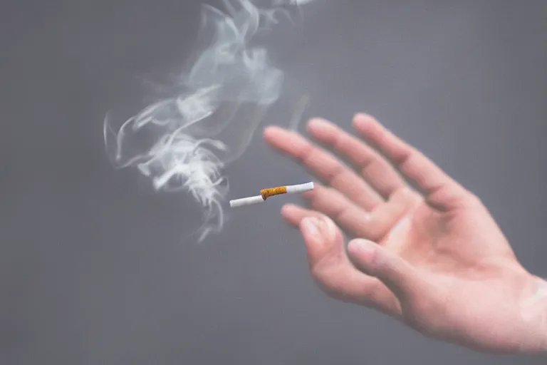 Prompt: Close-up of thin soft hand, hand with cigarette with smoke, hand with five fingers, hyper realistic, high details, photo, super resolution