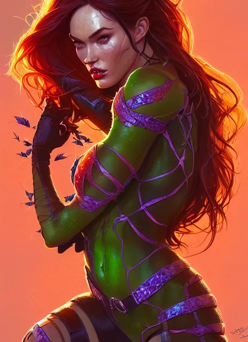 Image similar to portrait of apex legends megan fox as poison ivy, intricate, elegant, glowing lights, highly detailed, digital painting, artstation, glamor pose, concept art, smooth, sharp focus, illustration, art by artgerm and greg rutkowski, artey freytag