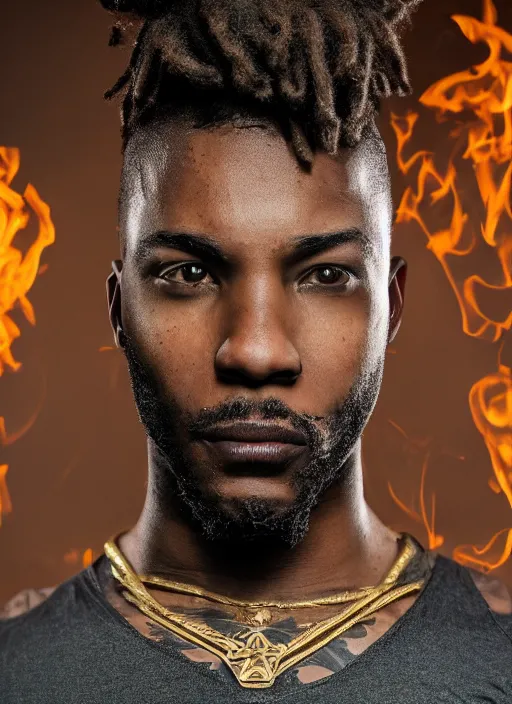 Image similar to Realistic Black man with burning tattoos, superpowers, superhero, tied Dreadlock hair, artistic pose, light atmosphere, cinematic shot, intricate, ornate, photorealistic, ultra detailed, realistic, 100mm, photography, octane, high definition, depth of field, bokeh, 8k, artstation