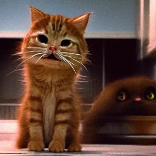 Prompt: garfield the cat in a found footage horror movie