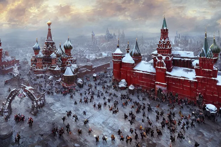 Image similar to Masterpiece Painting of the Giant Epic Dragon Nest from Game of Thrones in the center of Red square, Russia, Moscow, by Greg Rutkowski, artstation,