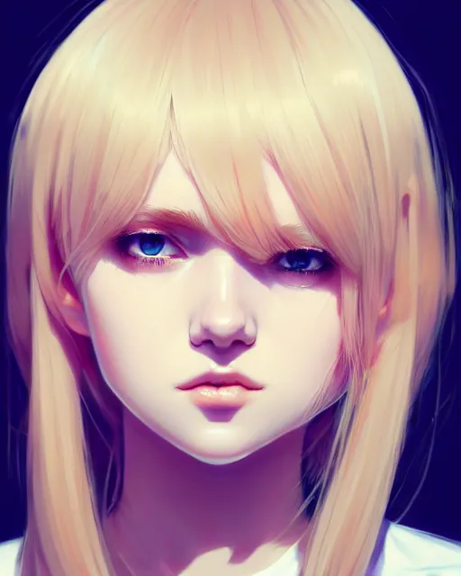 Image similar to really cool up close portrait of a beautiful blonde english emo girl in tshirt, by saruei and guweiz and ilya kuvshinov and rockwell and warhol and range murata!!, magic art, sleek curves, intricate sharp focus, trending on artstation hq, deviantart, pinterest, unreal engine 5, 4 k uhd image