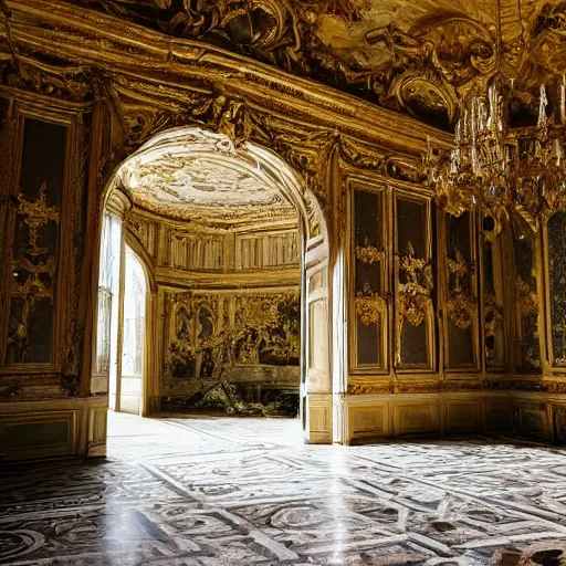 Image similar to a dream about inside opulent abandoned overgrown Palace of Versailles, lush plants growing through the floors and walls, walls are covered with vines, beautiful, dusty, golden volumetric light shines through giant broken windows, rich with epic details and dreamy atmosphere