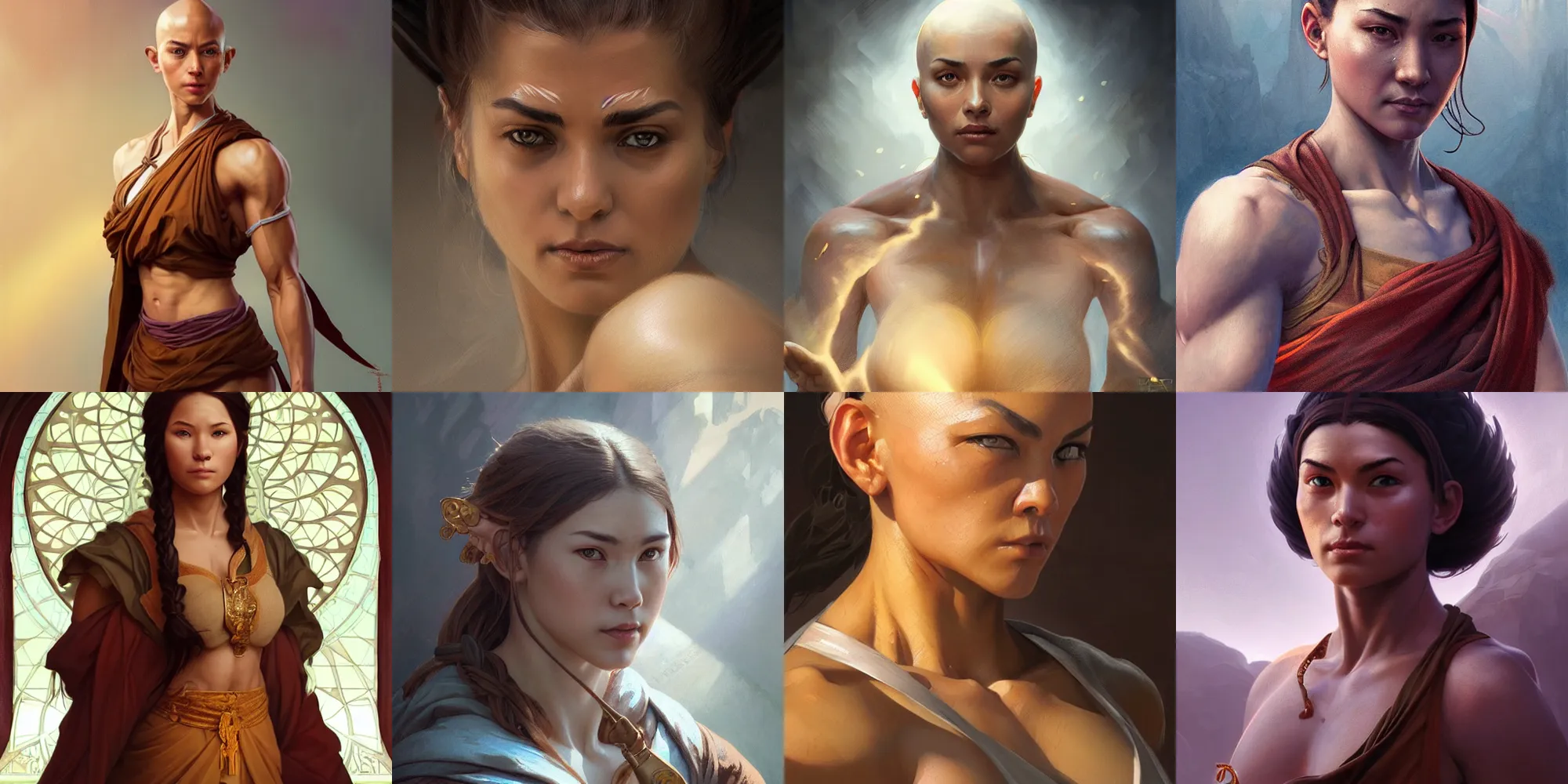 Prompt: portrait of a female monk, muscular, upper body, D&D, fantasy, intricate, cinematic lighting, highly detailed, digital painting, artstation, concept art, smooth, sharp focus, 8k, illustration, art by Artgerm and Greg Rutkowski and Alphonse Mucha