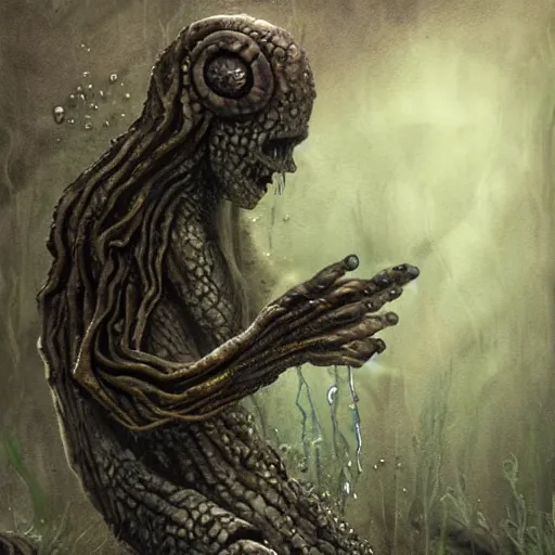 Prompt: creepy humanoid merfolk monster, slimy, wet, disturbing, long fingers, crawling up from shallow water, realistic, atmospheric, highly detailed, illustration, painting, concept art, scary