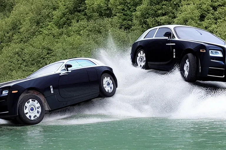 Image similar to Group of teenagers push Rolls-Royce into lake with their hands from a small slide wanting to drown him