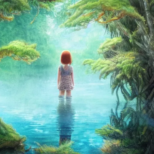 Image similar to forest child in a lake, ghibli, highly detailed faces, artwork, light, blue, fantasy