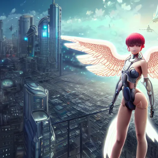 Prompt: cute cyborg - angel girl with large angelic wings standing on the edge of a rooftop overlooking a dystopian city, left eye gold and right eye silver, biomechanical details, bionic cyborg implants, digital cyberpunk - anime art, full body shot, wlop, ilya kuvshinov, artgerm, krenz cushart, greg rutkowski