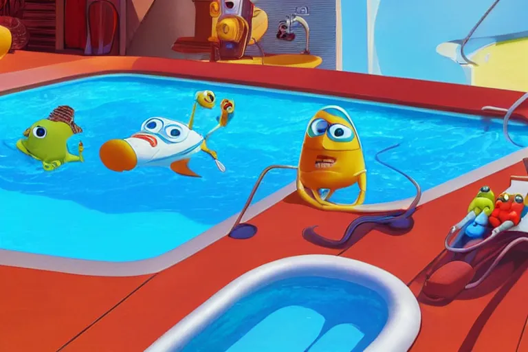 Image similar to photograph of a Pixar character chilling in a swimming pool in Mars with his friends, animation, Pixar style