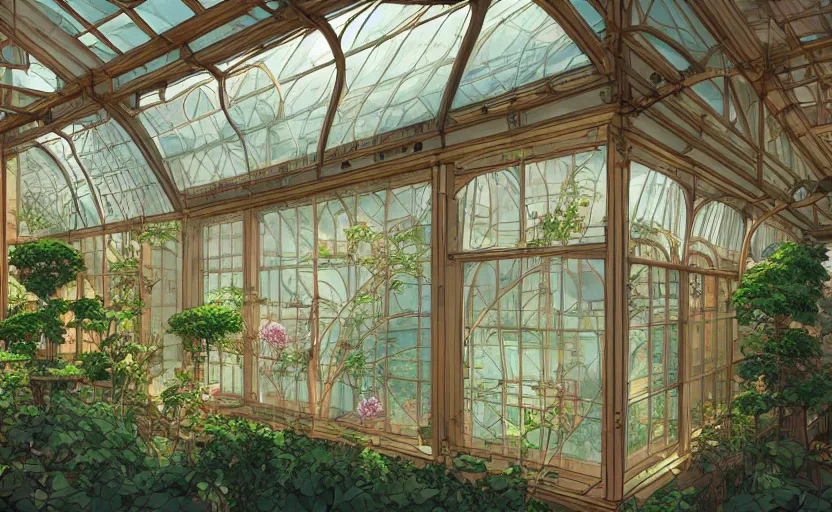 Prompt: japanese greenhouse, bay window, indoor, architecture, highly detailed, digital painting, artstation, art nouveau, concept art, sharp focus, illustration