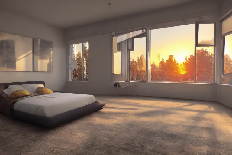 Prompt: a futuristic furnished bedroom with a large window at sunset, godrays, luxury furnish, white bed, complementary colors, warm lighting, path traced, highly detailed, high quality, concept art, 8k, calm, trending on Artstation