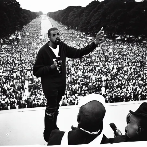 Image similar to vintage photograph of Kanye West speaking at the Million Man March, Sigma 40mm, portrait, black and white