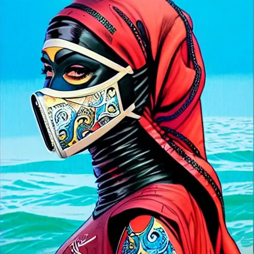 Image similar to a portrait of a saudi woman wearing a diver suit and mask with side profile blood in ocean intricate details by MARVEL comics and Sandra Chevrier-C