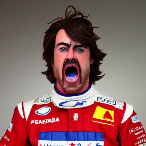 Image similar to wax figure of fernando alonso, screaming,, realism, 4 k, award winning photograph octane render, award winning photograph