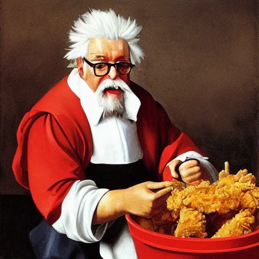 Image similar to Colonel Sanders eating fried chicken out of a red bucket. Painted by Caravaggio, high detail