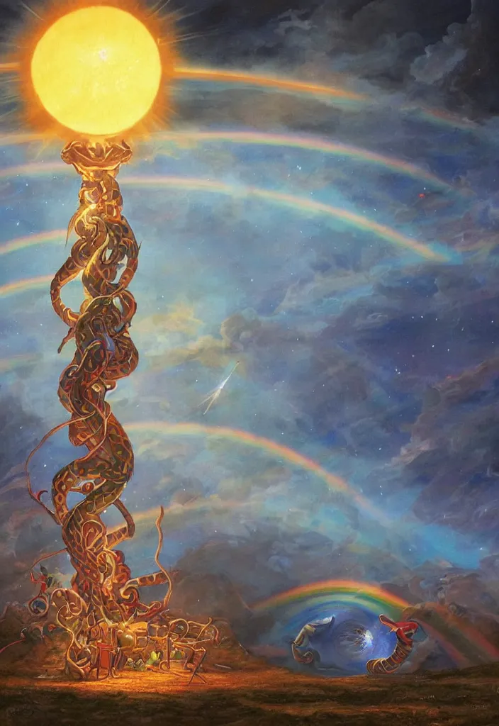 Image similar to tarot card of a giant glowing sun behind a large steel hanging sword in front of a rainbow, caught between two red and blue thick intertwined snakes, night sky containes 1 3 bright stars, the ground covered in crystal growths of various sizes, tarot card, dynamic lighting, hyper detailed, art by christophe vacher, 8 k