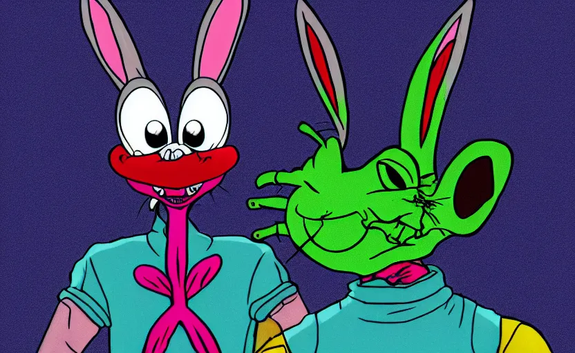 Prompt: Evil Bugs Bunny, Bad Acid Trip, Nightmare fuel, deceptive, conniving, wicked, uncomfortable crooked smile, wide eyed, stiff necked, stranger things by Pacman23