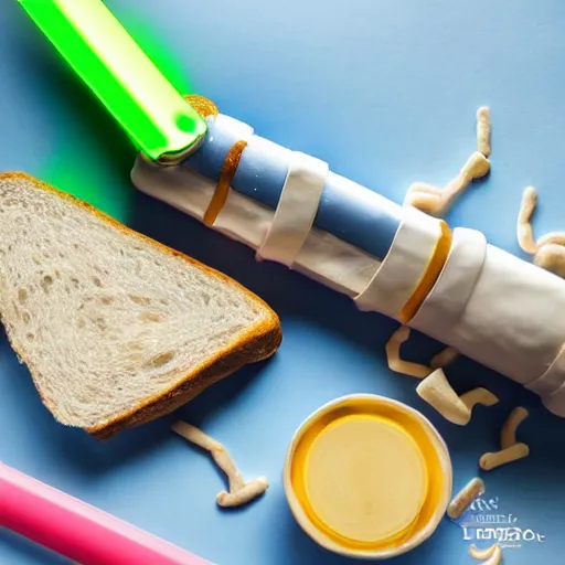 Prompt: an extremely high quality photo of a surreal neon-lightsaber-sandwich, the polymer clay ((sandwich)) creation, a hybrid mixture of sandwichlightsaberneons and lightsaberneonTUBE fillings, neon tubes drizzled on top, lightsaber filling, glowing filling, promotional photo, 4k polymer clay food photography