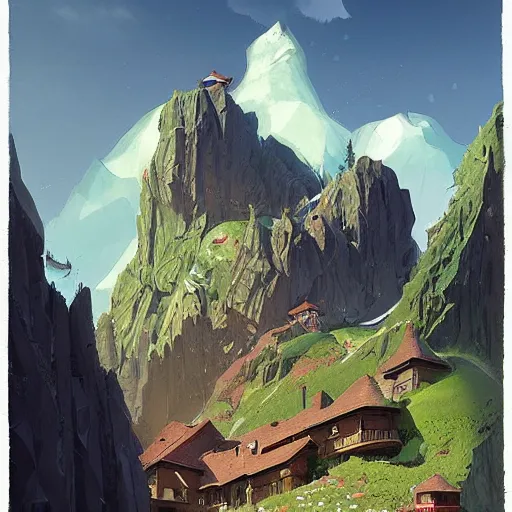 Prompt: a beautiful mountain with a nice house by Marc Simonetti and James Gilleard