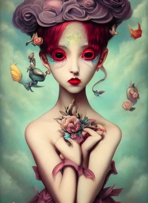 Image similar to pop surrealism, lowbrow art, anime 3 d art, realistic cute anime girl painting, japanese street fashion, hyper realism, muted colours, rococo, natalie shau, loreta lux, tom bagshaw, mark ryden, trevor brown style,