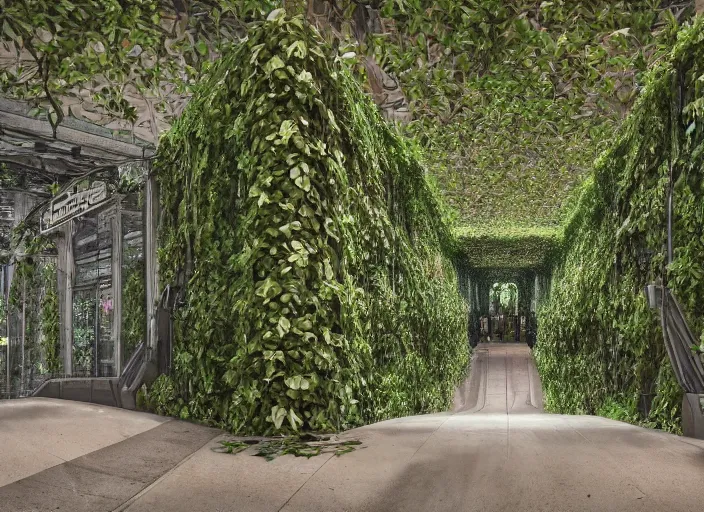 Prompt: an escalator in an abandoned mall in the 1 9 8 0 s, taken over by nature, covered in vines, nature style, hyperrealistic and beautiful painting, 8 k resolution, by hugh ferris and john smith, polished, fine detail, intricate, smooth, octane, concept art, trending on artstation