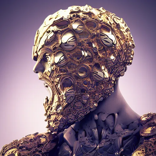 Prompt: helios - the primordial sun beautiful natural soft light, rim light, gold fractal details, fine lace, mandelbot fractal anatomical, glass, facial muscles, elegant, ultra detailed, metallic armor, octane render