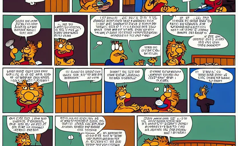 Image similar to a 3 panel Garfield comic. The first panel is Garfield sitting at a table with a speech bubble saying “There’s nothing happening”. The second panel is Jon Arbuckle talking to Garfield at the table with a speech bubble saying “I finally got the wildfire in my sock drawer under control!”. The third panel is Garfield at the table with a speech bubble saying “Out of the ordinary, I mean.”