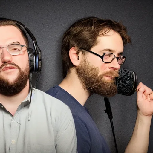 Image similar to photorealistic photo of two podcast hosts, being dead by a conversation, cinematic, hdr +