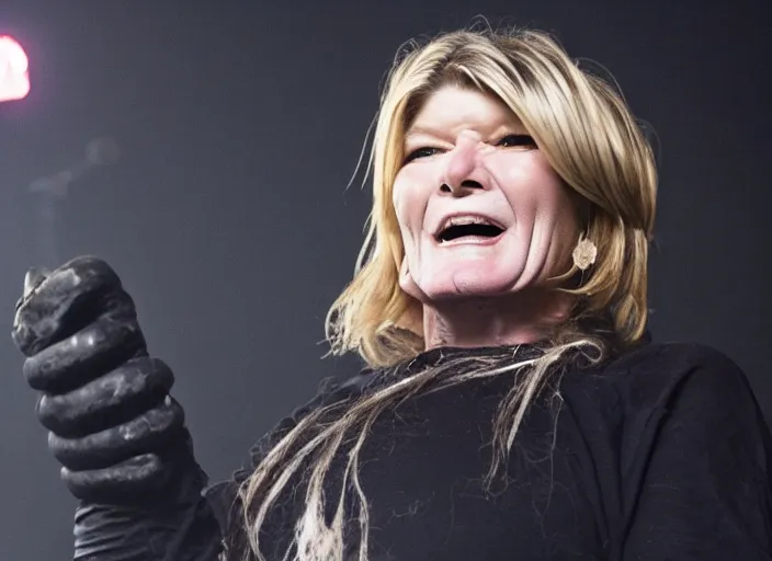 Image similar to publicity photo still of martha stewart in slipknot playing live on stage, 8 k, live concert lighting, mid shot