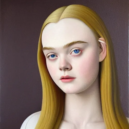 Image similar to a striking hyper real painting of Elle Fanning by Grant Wood