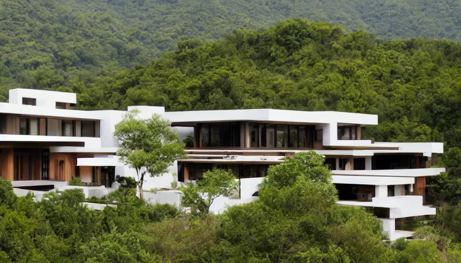 Image similar to villa inspired by tibetan architecture, on a green hill, overlooking a valley with trees, frank lloyd wright, zaha hadid, le corbeusier, photorealistic, birds eye view