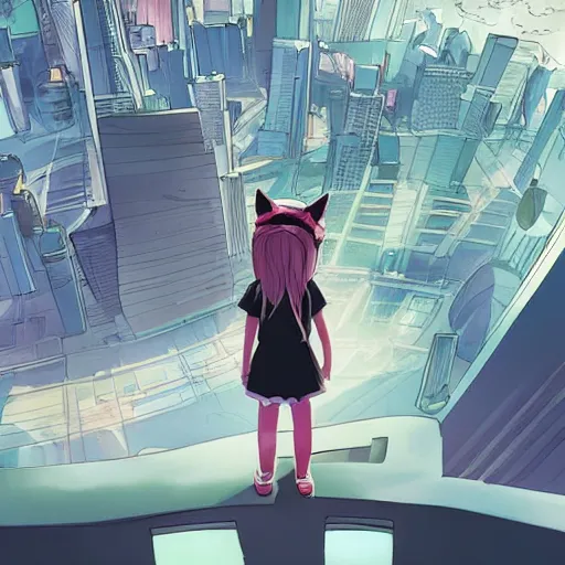 Image similar to a 7 year old girl with cat ears, holding her hands together behind her back staring over a futuristic city from the top of a roof, wide shot, over the shoulder shot, highly coherent, saga comic, fiona staples