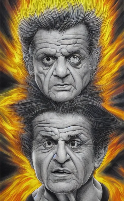 Prompt: joe pesci going super sayan by alex grey, surrealist, 8 k, fantasy, dark, highly detailed