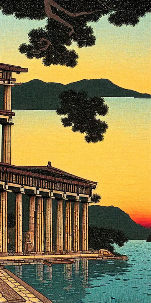 Prompt: a beautiful ancient greek bathhouse at sunset by hasui kawase