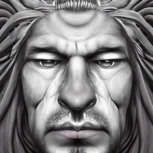 Image similar to a highly detailed radiosity 3d render of a man's face with long hair, an airbrush painting by David Alfaro Siqueiros, featured on pixiv, metaphysical painting, airbrush art, grotesque, wiccan, unreal engine 5, unreal engine, cryengine