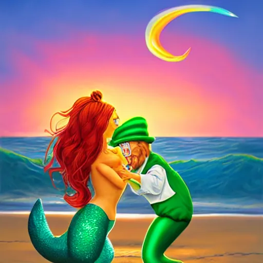 Prompt: a leprechaun kissing a mermaid on a beach at sunset. trending on artstation, by lisa frank, hd, high quality