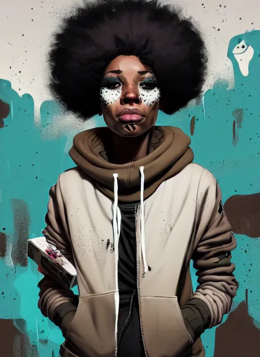 Image similar to highly detailed portrait of a sewer punk african american lady, tartan hoody, white afro hair by atey ghailan, by greg rutkowski, by greg tocchini, by james gilleard, by joe fenton, by kaethe butcher, gradient cyan, brown, blonde cream and white color scheme, grunge aesthetic!!! ( ( graffiti tag wall background ) )
