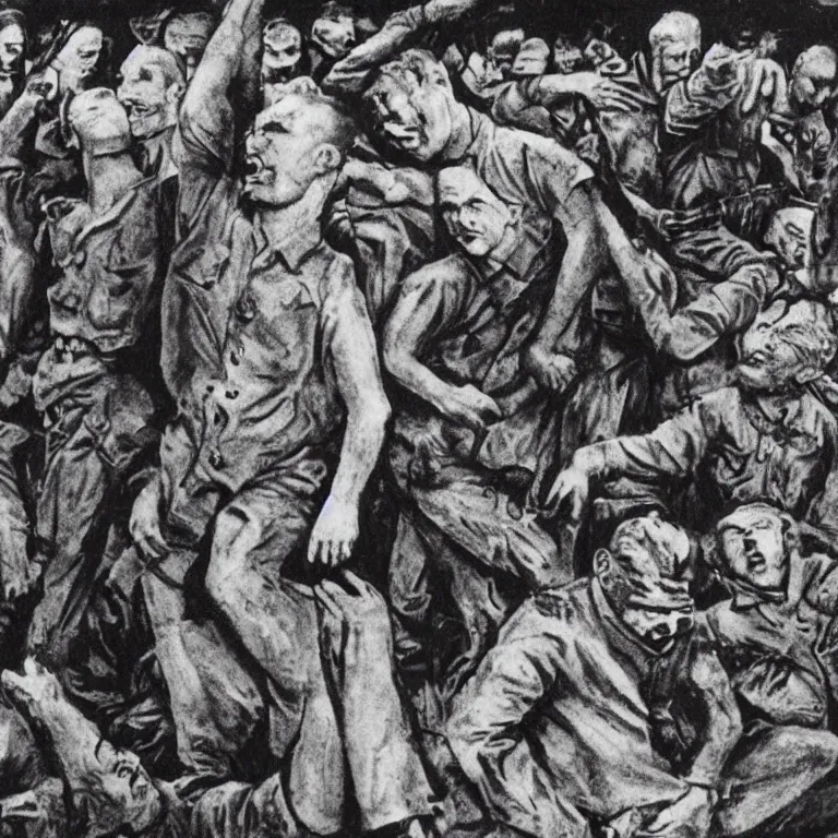 Image similar to extermination, nazi soviet homophobic gulag, forced labor, old propaganda art, dread and despair