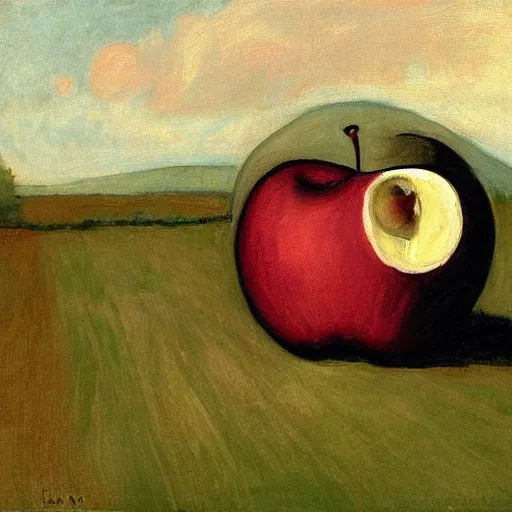 Prompt: house in a giant apple in the style of Cecilia Beaux (1855–1942), American portrait painter