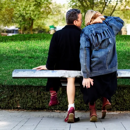 Prompt: a couple sitting on a park bench, dramatic