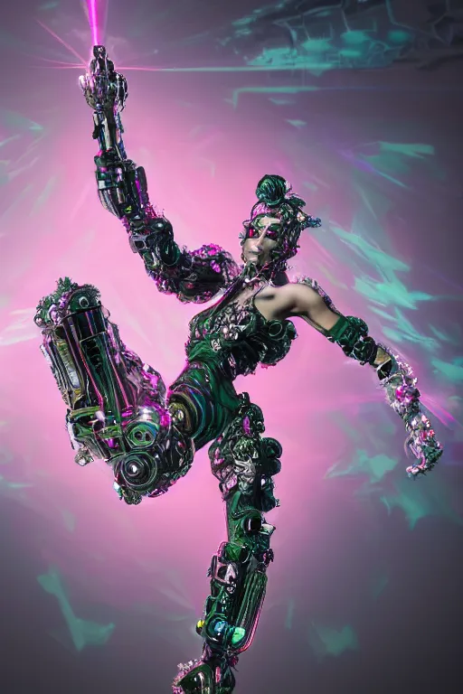 Image similar to full-body rococo and cyberpunk style crystal quartz sculpture of a young handsome seductive Puerto Rican android gogo reaching for the sky, glowing pink laser eyes, crown of white gears and diamonds, swirling green-colored silk fabric. futuristic elements. full-length view. intricate artwork by caravaggio. Trending on artstation, octane render, cinematic lighting from the right, hyper realism, octane render, 8k, depth of field, 3D