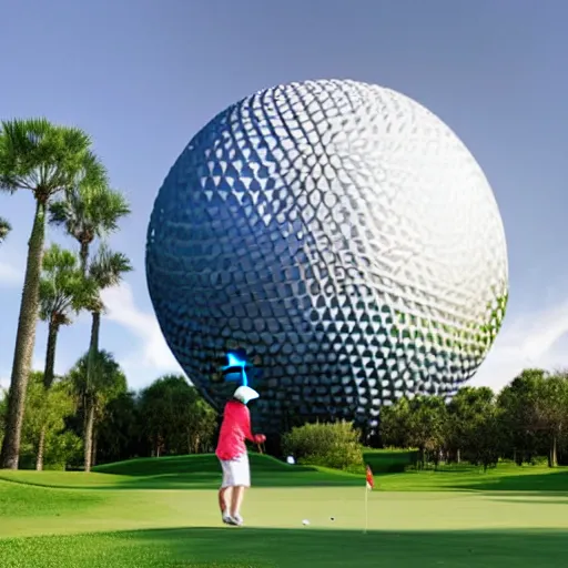 Image similar to a giant playing golf using the spaceship earth attraction at epcot as the ball in real life, highly detailed, extremely high resolution, ultra realistic